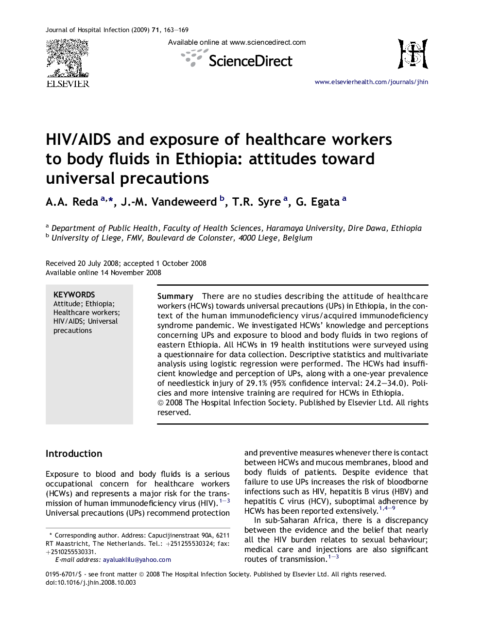 HIV/AIDS and exposure of healthcare workers to body fluids in Ethiopia: attitudes toward universal precautions