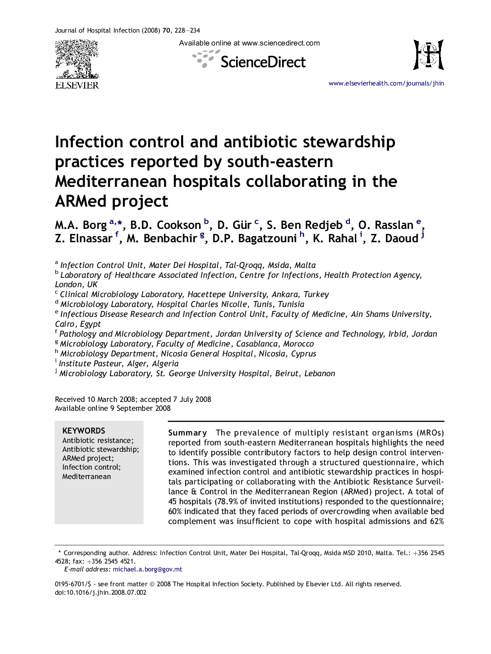 Infection control and antibiotic stewardship practices reported by south-eastern Mediterranean hospitals collaborating in the ARMed project