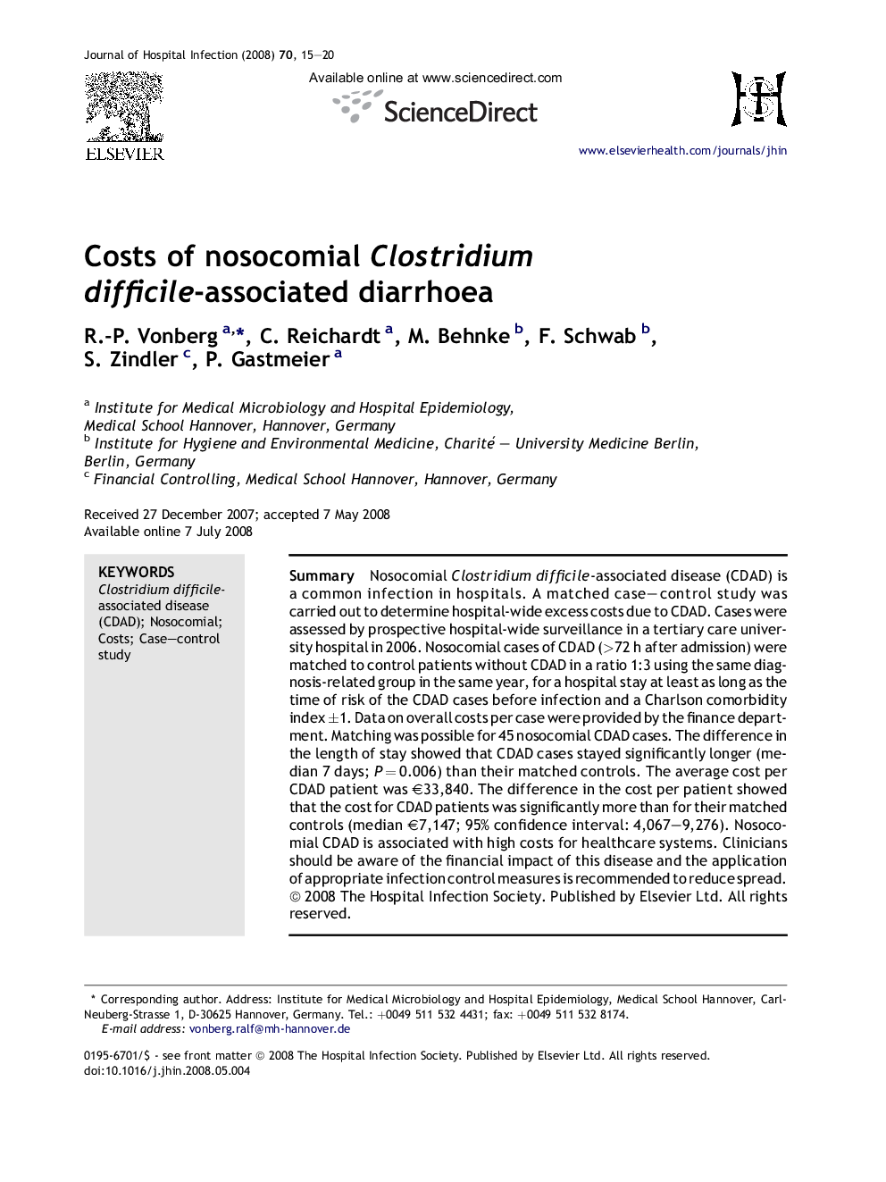 Costs of nosocomial Clostridium difficile-associated diarrhoea
