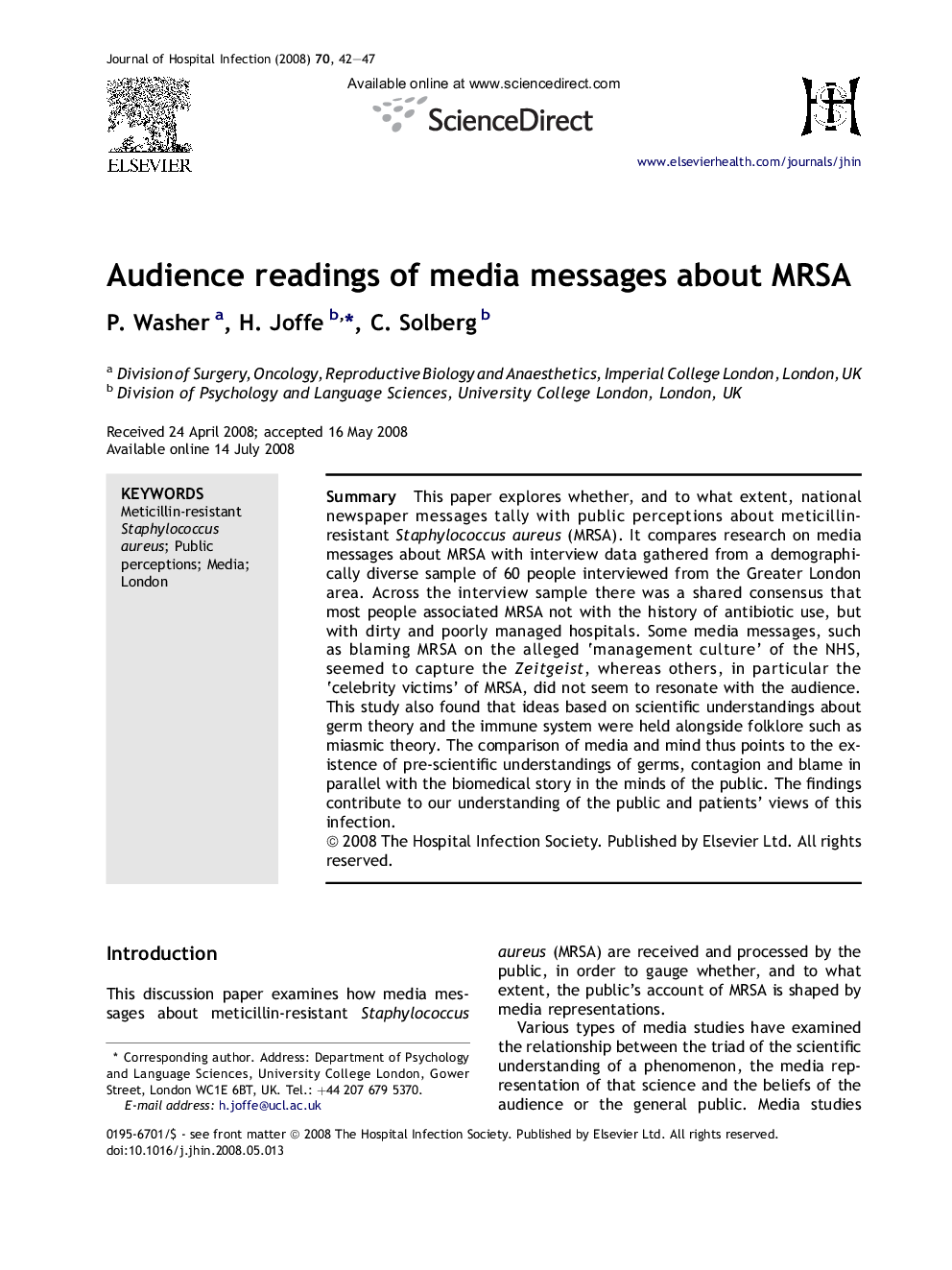 Audience readings of media messages about MRSA