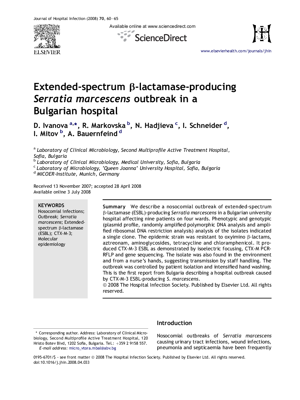 Extended-spectrum β-lactamase-producing Serratia marcescens outbreak in a Bulgarian hospital