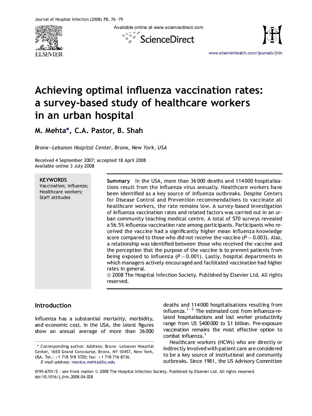 Achieving optimal influenza vaccination rates: a survey-based study of healthcare workers in an urban hospital
