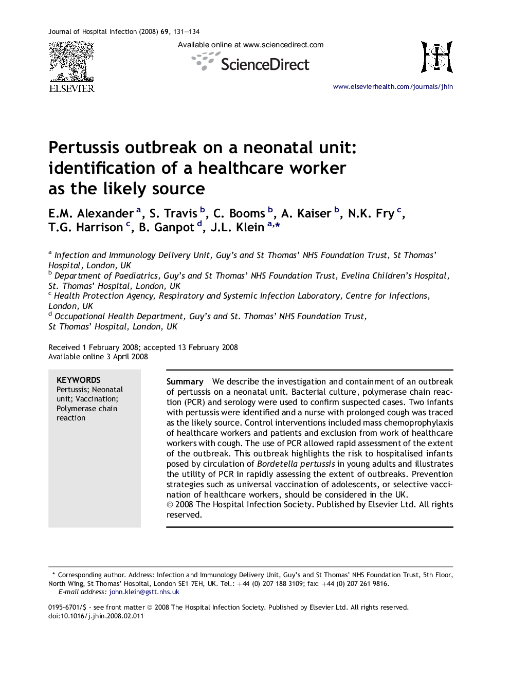 Pertussis outbreak on a neonatal unit: identification of a healthcare worker as the likely source