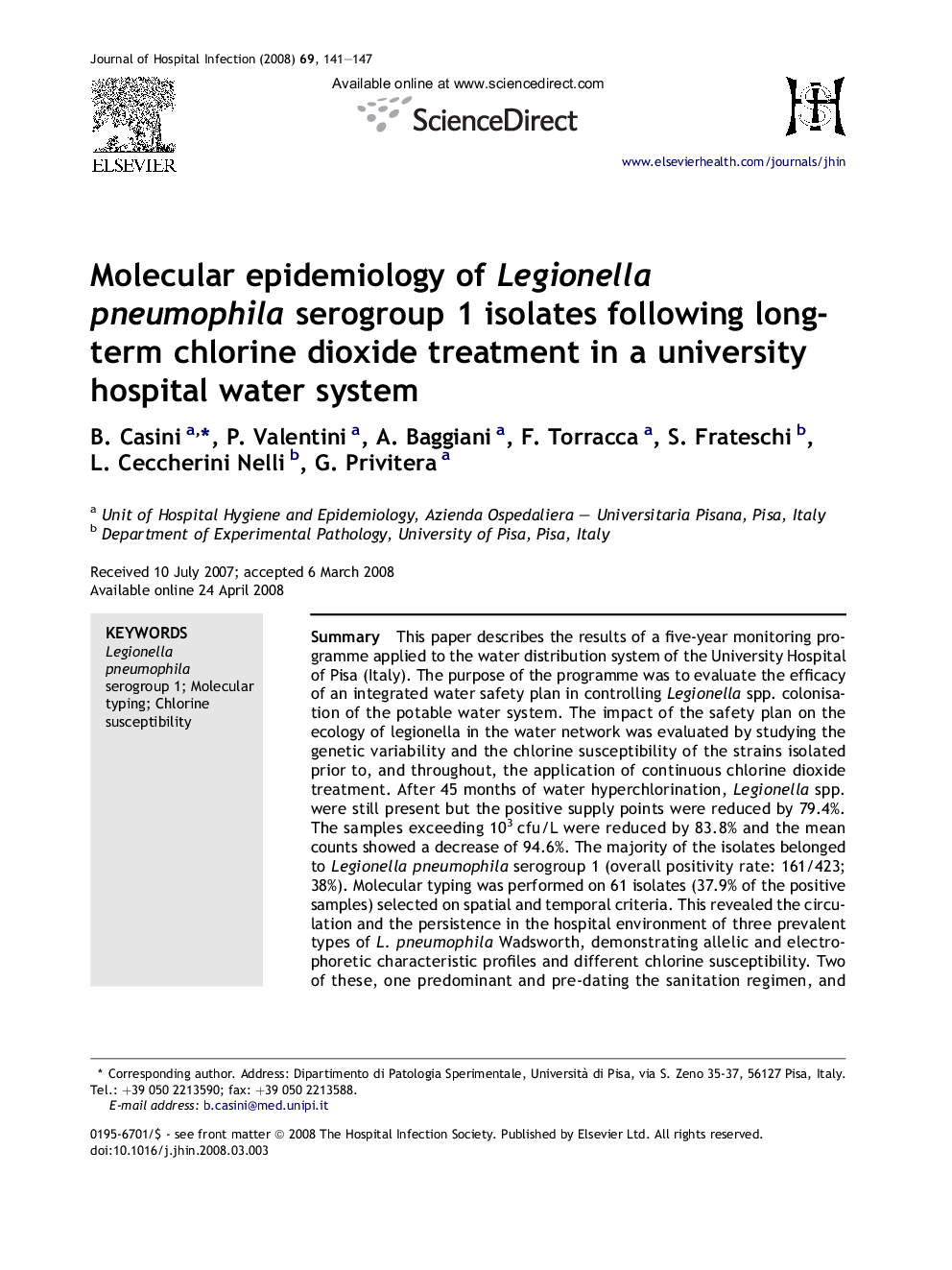 Molecular epidemiology of Legionella pneumophila serogroup 1 isolates following long-term chlorine dioxide treatment in a university hospital water system