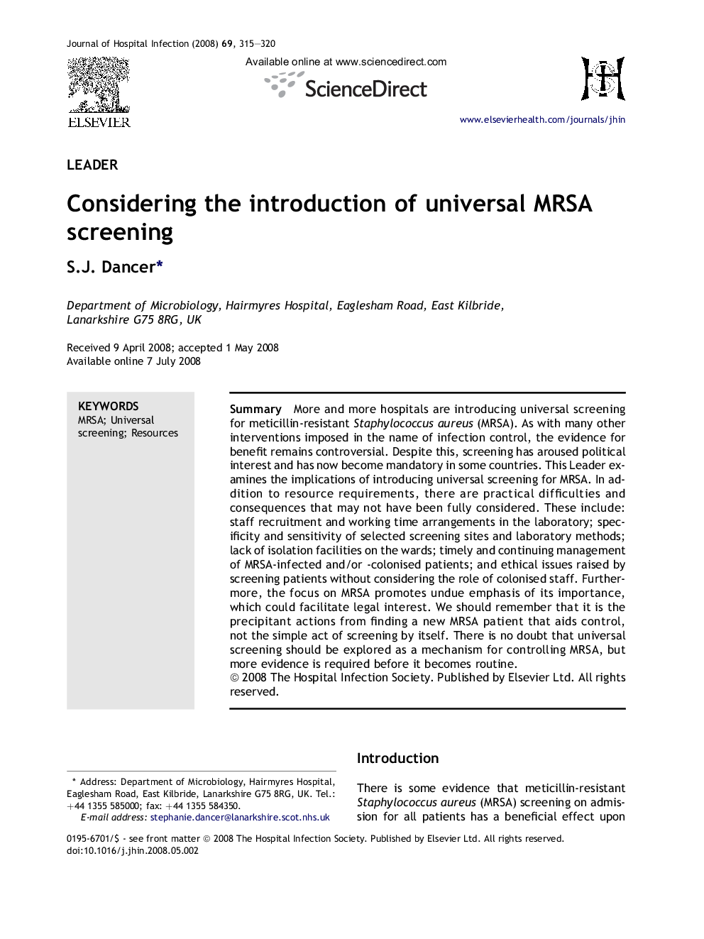 Considering the introduction of universal MRSA screening