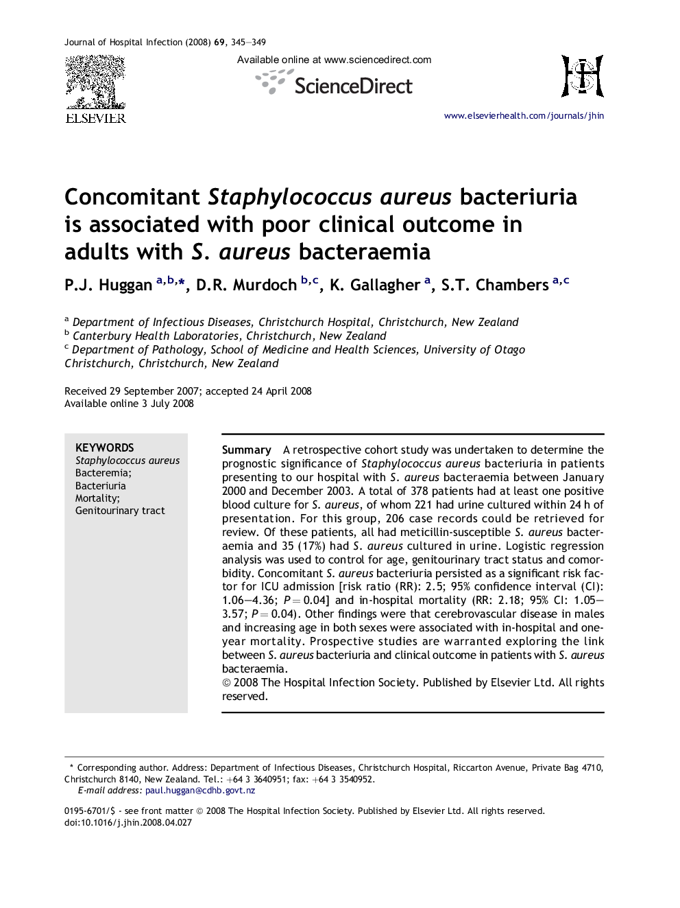 Concomitant Staphylococcus aureus bacteriuria is associated with poor clinical outcome in adults with S. aureus bacteraemia