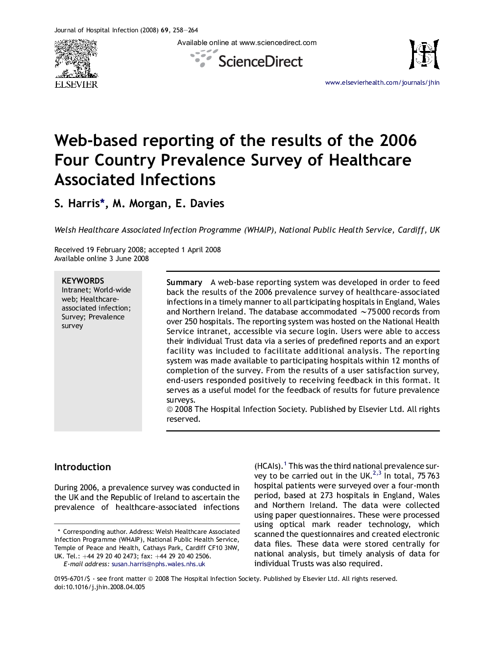Web-based reporting of the results of the 2006 Four Country Prevalence Survey of Healthcare Associated Infections