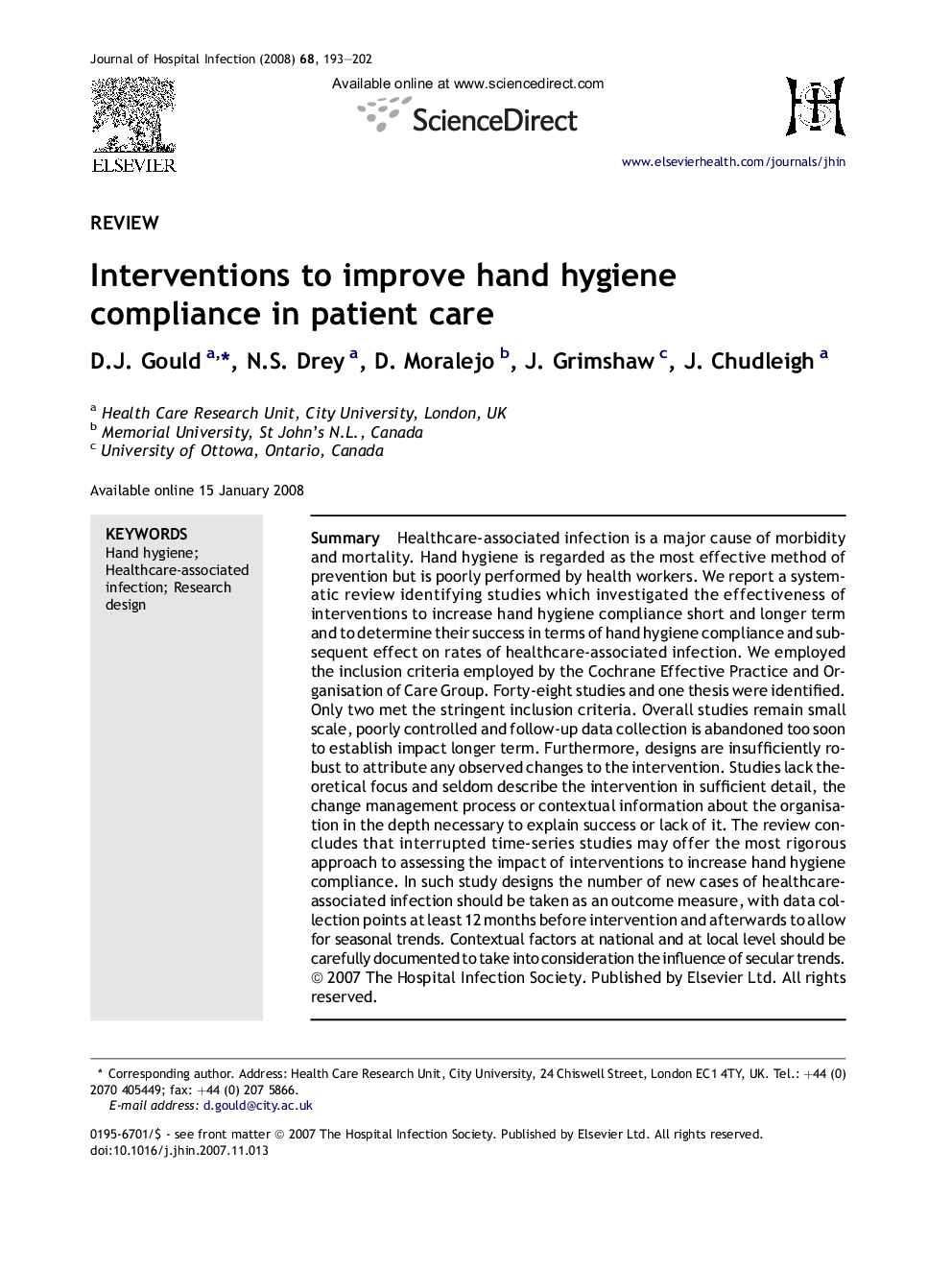 Interventions to improve hand hygiene compliance in patient care