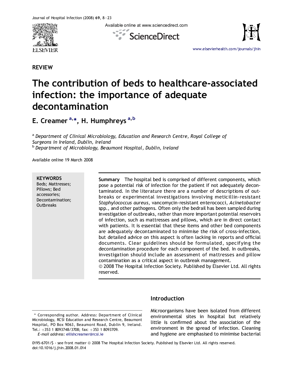The contribution of beds to healthcare-associated infection: the importance of adequate decontamination