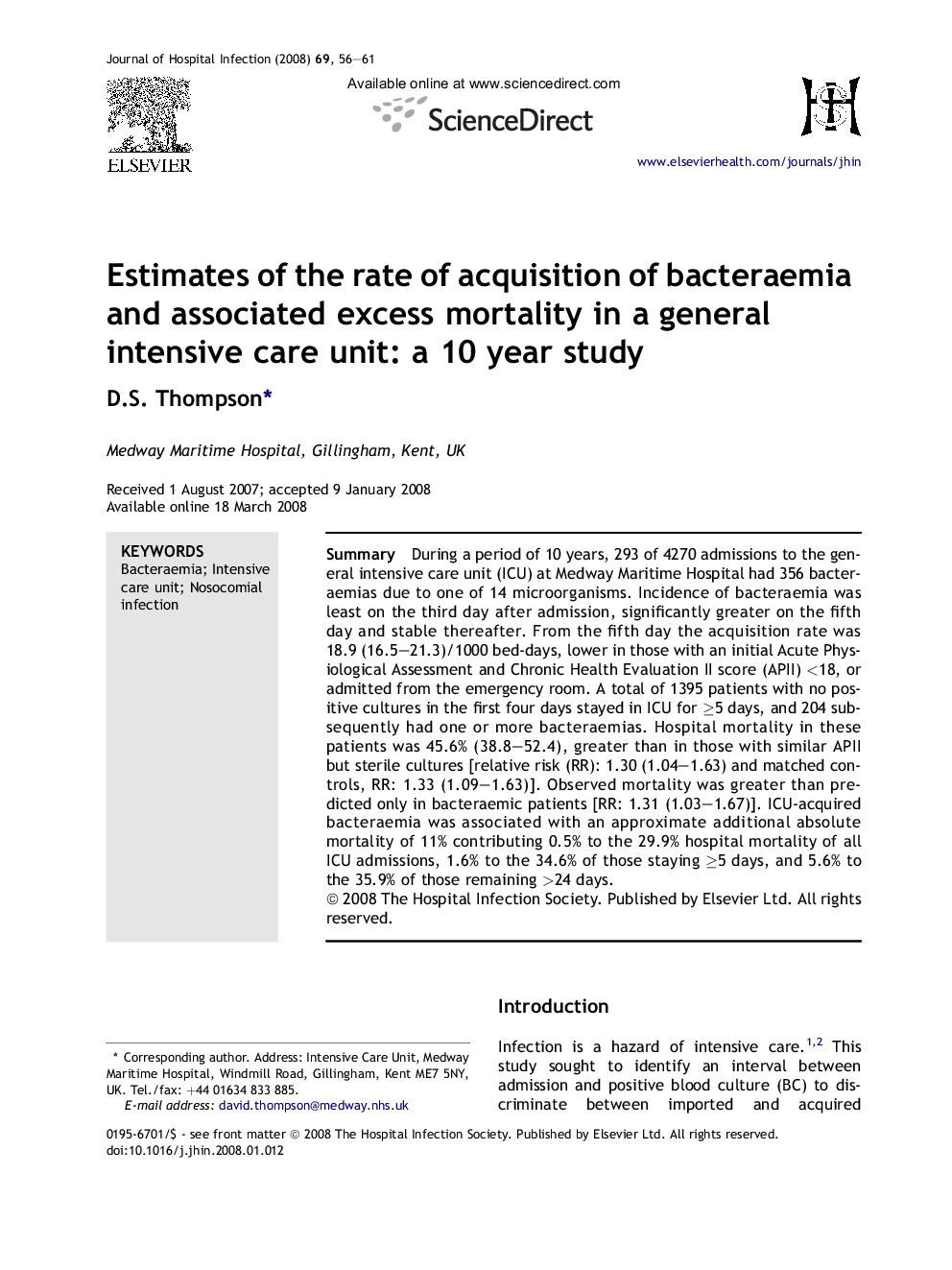 Estimates of the rate of acquisition of bacteraemia and associated excess mortality in a general intensive care unit: a 10 year study