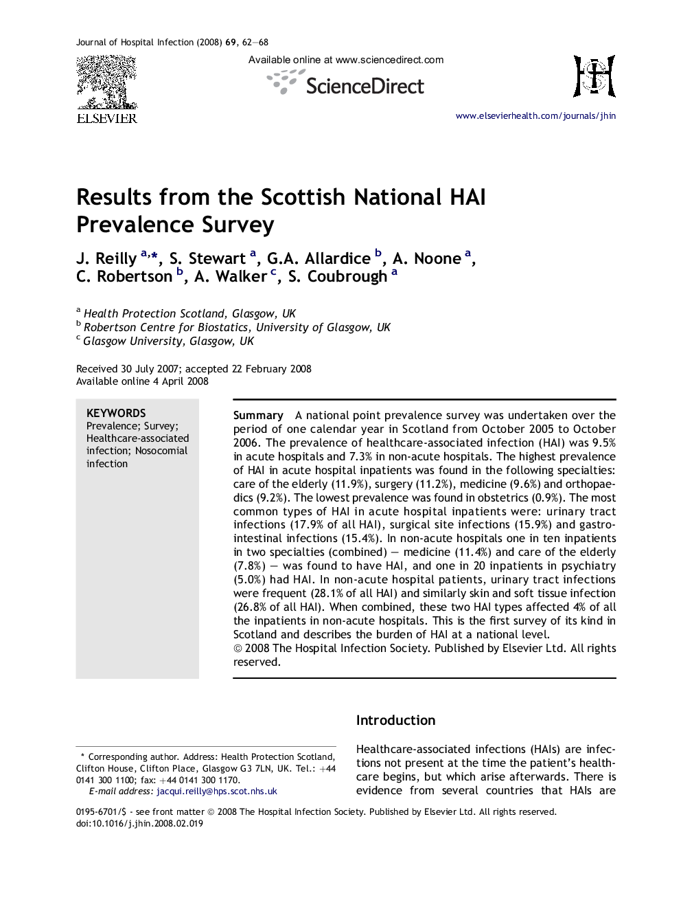 Results from the Scottish National HAI Prevalence Survey