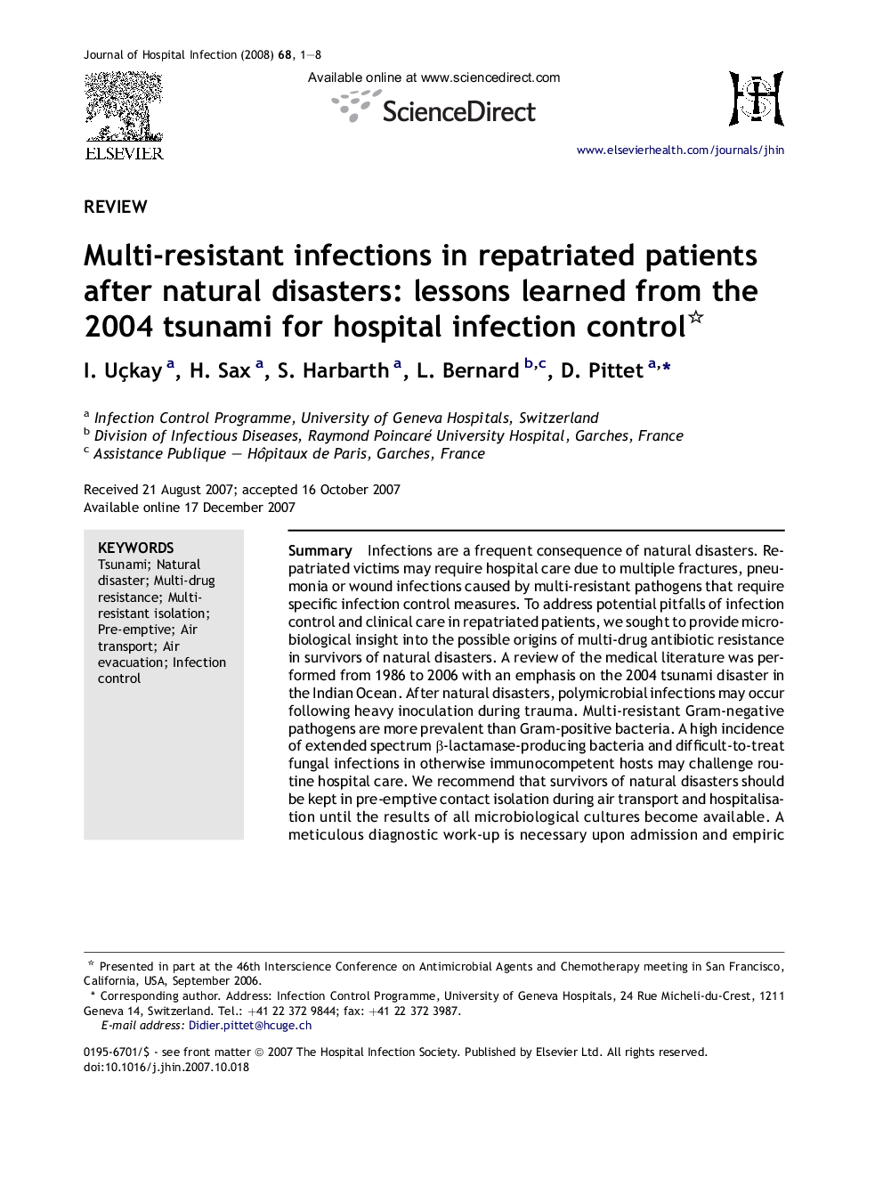 Multi-resistant infections in repatriated patients after natural disasters: lessons learned from the 2004 tsunami for hospital infection control 