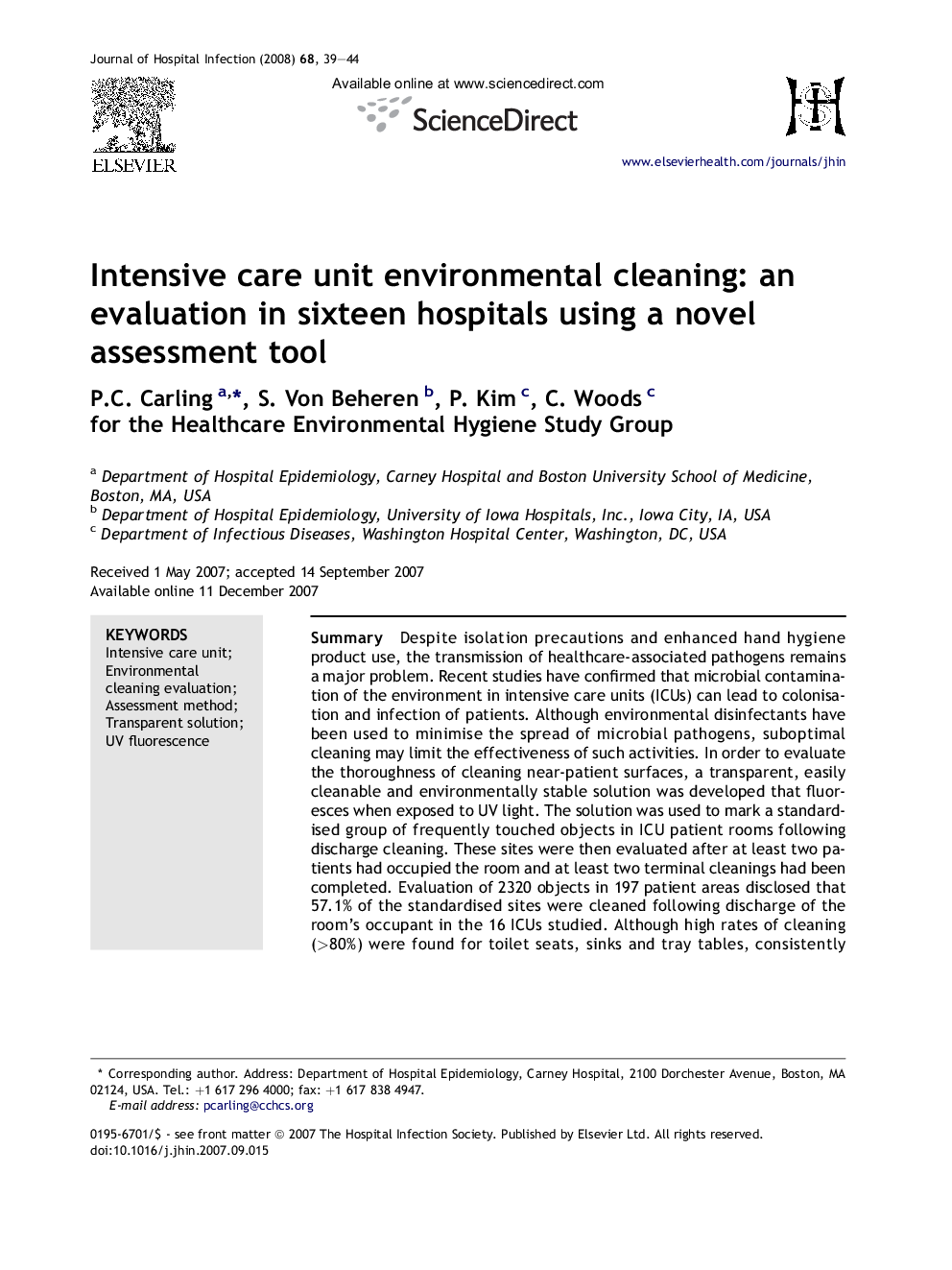 Intensive care unit environmental cleaning: an evaluation in sixteen hospitals using a novel assessment tool