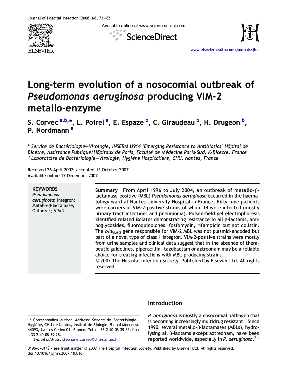 Long-term evolution of a nosocomial outbreak of Pseudomonas aeruginosa producing VIM-2 metallo-enzyme