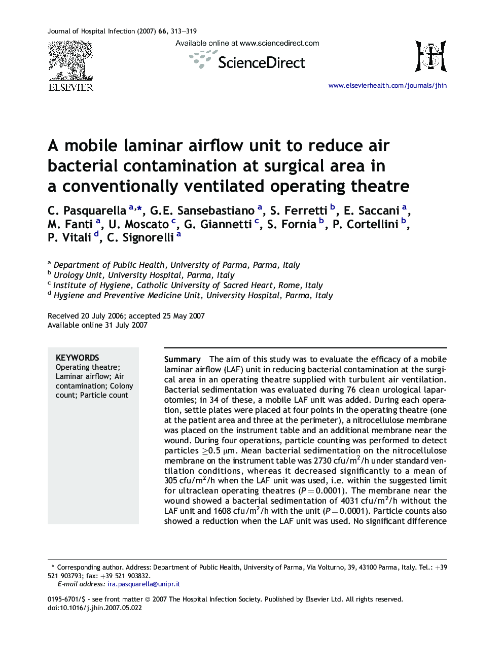 A mobile laminar airflow unit to reduce air bacterial contamination at surgical area in a conventionally ventilated operating theatre