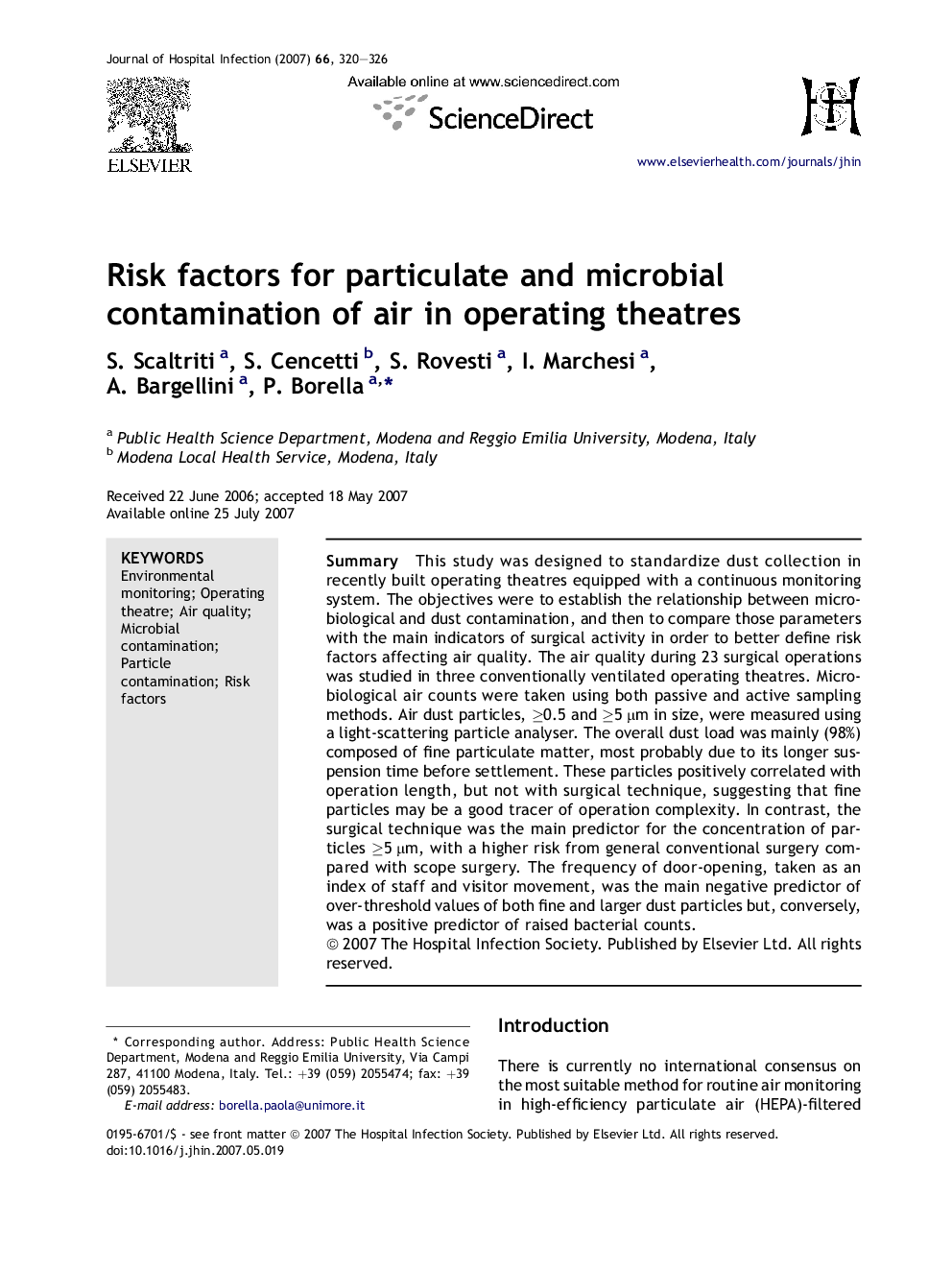 Risk factors for particulate and microbial contamination of air in operating theatres