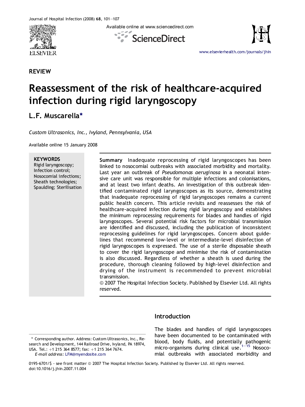 Reassessment of the risk of healthcare-acquired infection during rigid laryngoscopy