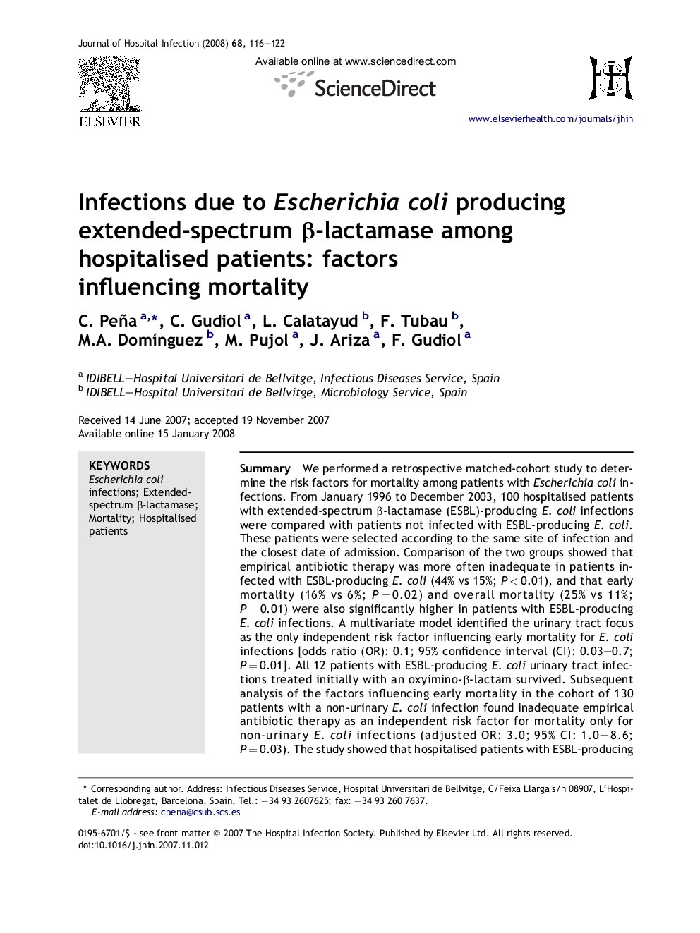 Infections due to Escherichia coli producing extended-spectrum β-lactamase among hospitalised patients: factors influencing mortality