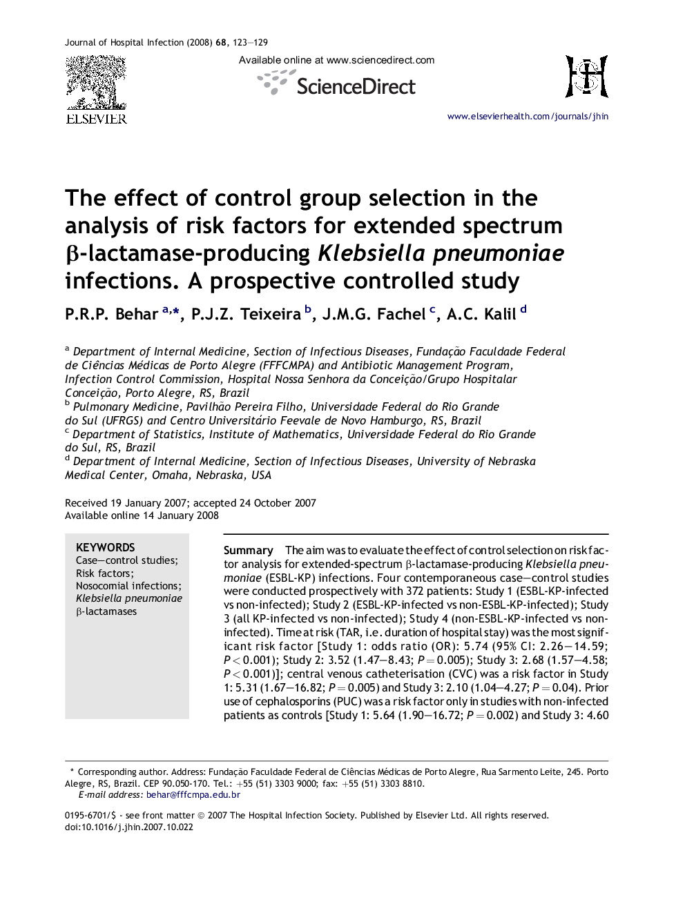 The effect of control group selection in the analysis of risk factors for extended spectrum β-lactamase-producing Klebsiella pneumoniae infections. A prospective controlled study