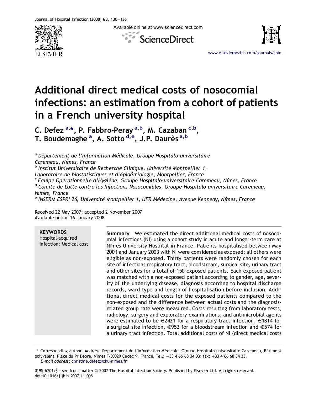 Additional direct medical costs of nosocomial infections: an estimation from a cohort of patients in a French university hospital