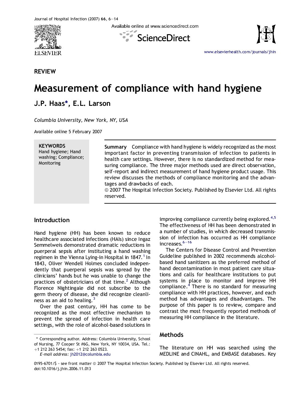 Measurement of compliance with hand hygiene