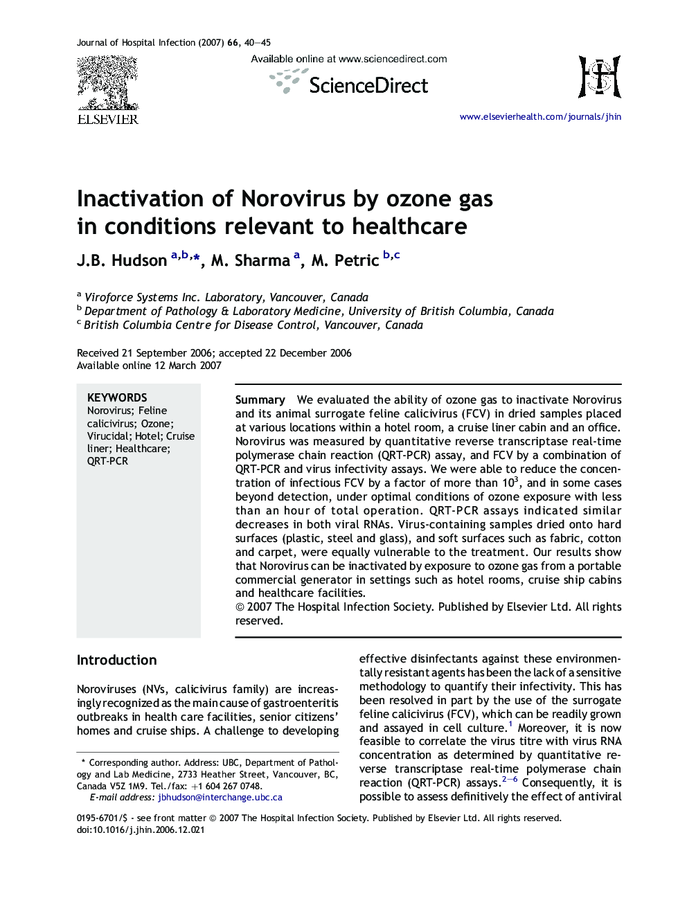 Inactivation of Norovirus by ozone gas in conditions relevant to healthcare