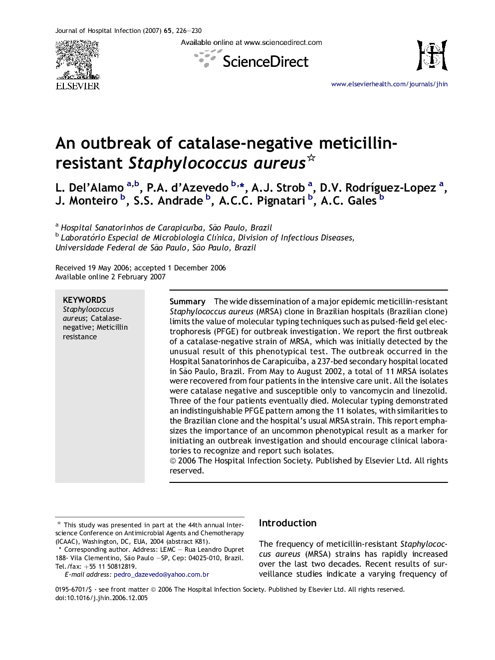 An outbreak of catalase-negative meticillin-resistant Staphylococcus aureus 