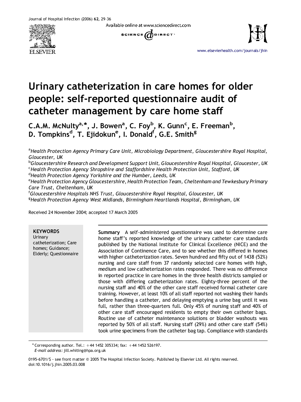 Urinary catheterization in care homes for older people: self-reported questionnaire audit of catheter management by care home staff