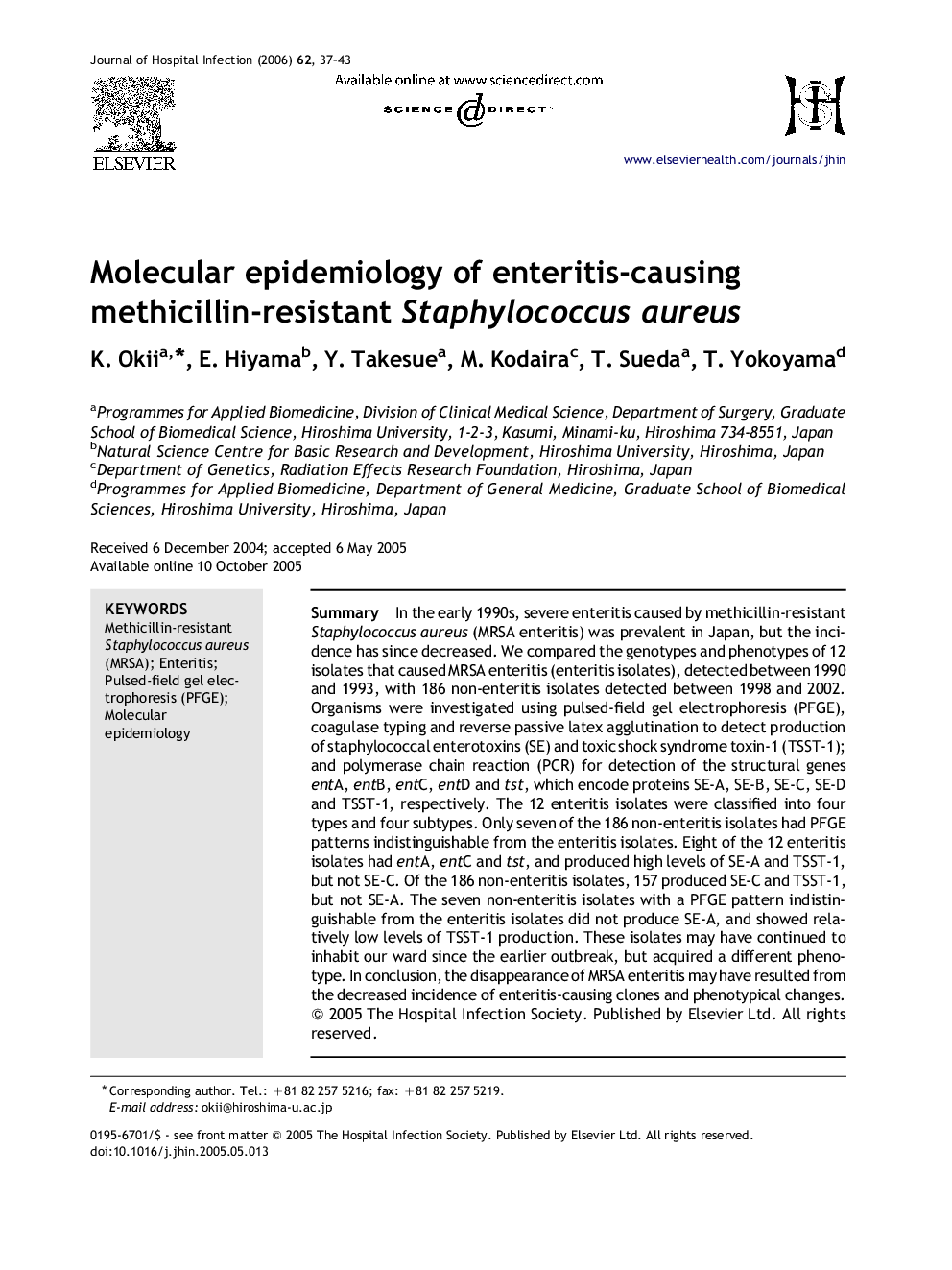 Molecular epidemiology of enteritis-causing methicillin-resistant Staphylococcus aureus