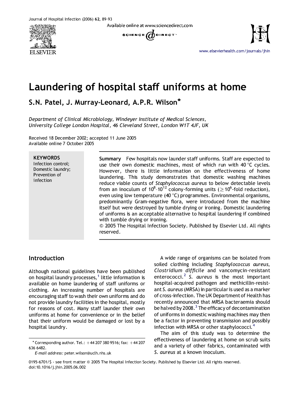 Laundering of hospital staff uniforms at home