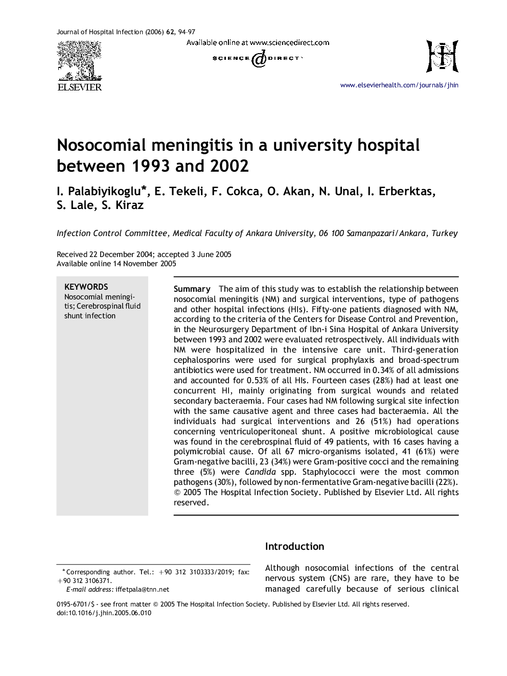 Nosocomial meningitis in a university hospital between 1993 and 2002