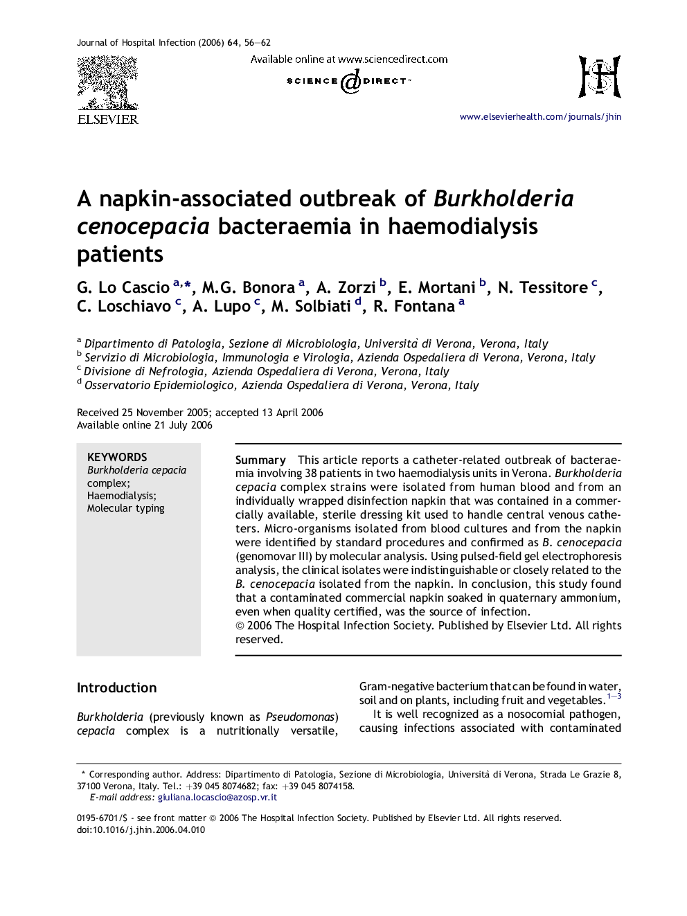 A napkin-associated outbreak of Burkholderia cenocepacia bacteraemia in haemodialysis patients