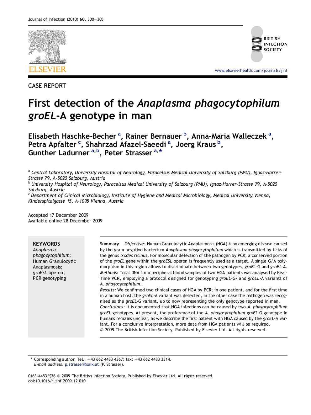 First detection of the Anaplasma phagocytophilum groEL-A genotype in man