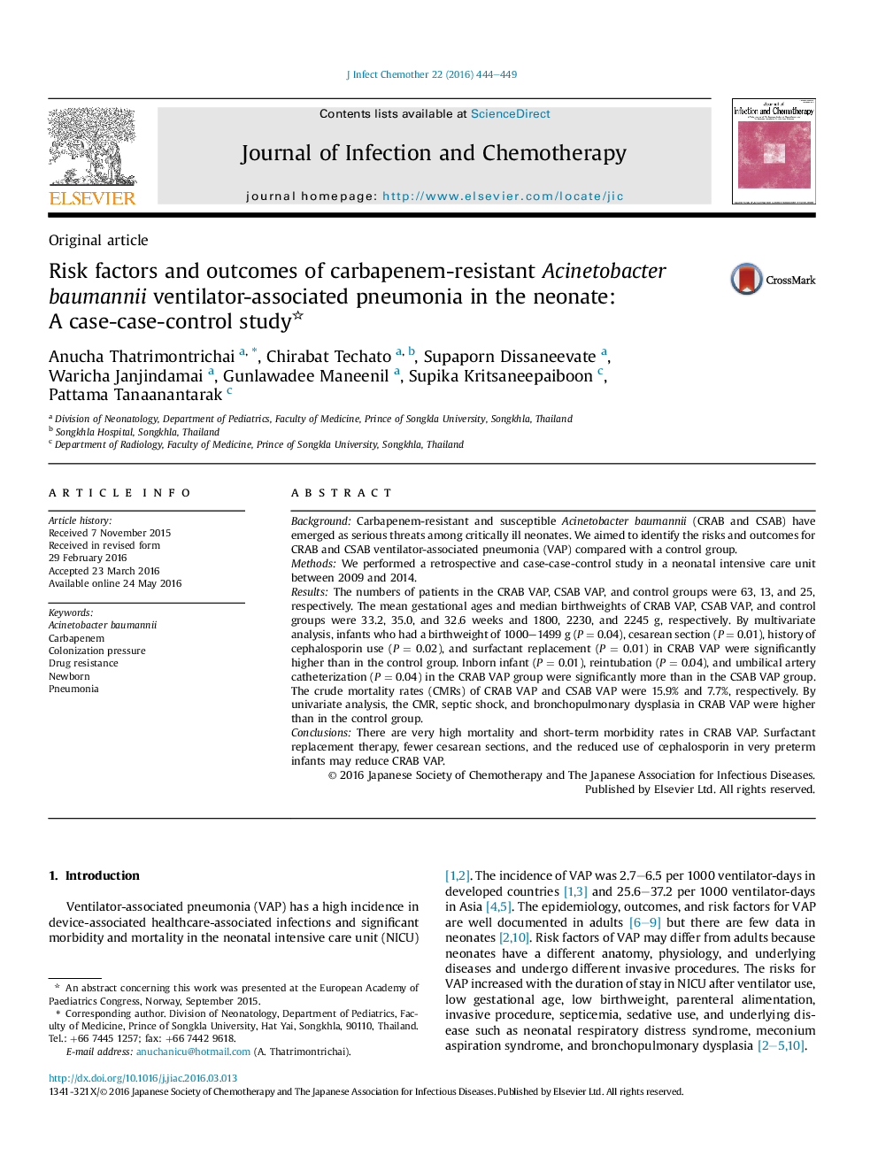 Risk factors and outcomes of carbapenem-resistant Acinetobacter baumannii ventilator-associated pneumonia in the neonate: A case-case-control study 