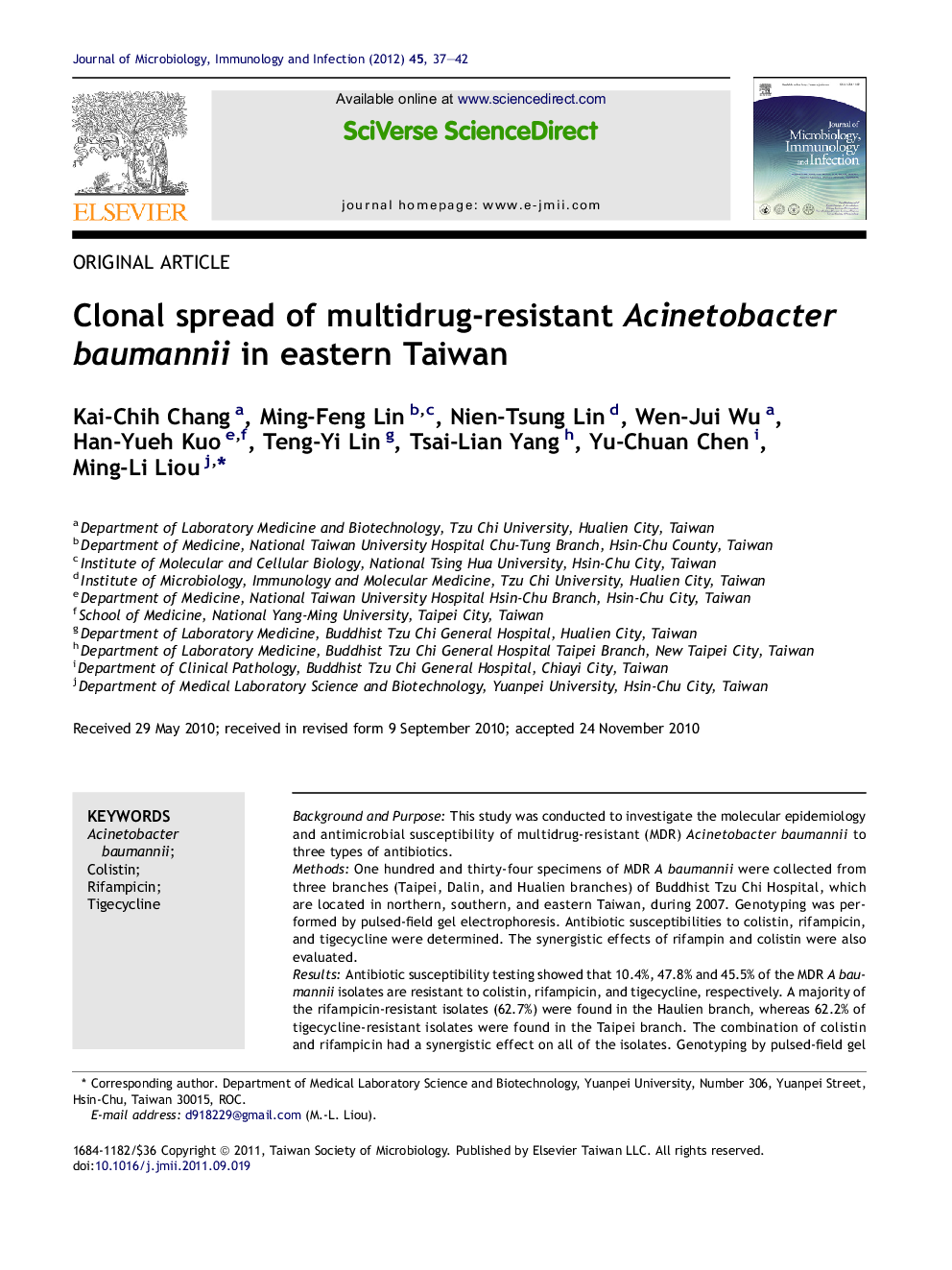 Clonal spread of multidrug-resistant Acinetobacter baumannii in eastern Taiwan