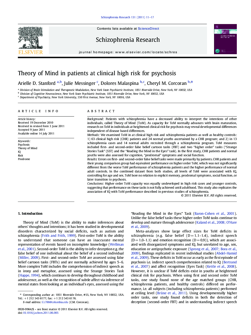 Theory of Mind in patients at clinical high risk for psychosis