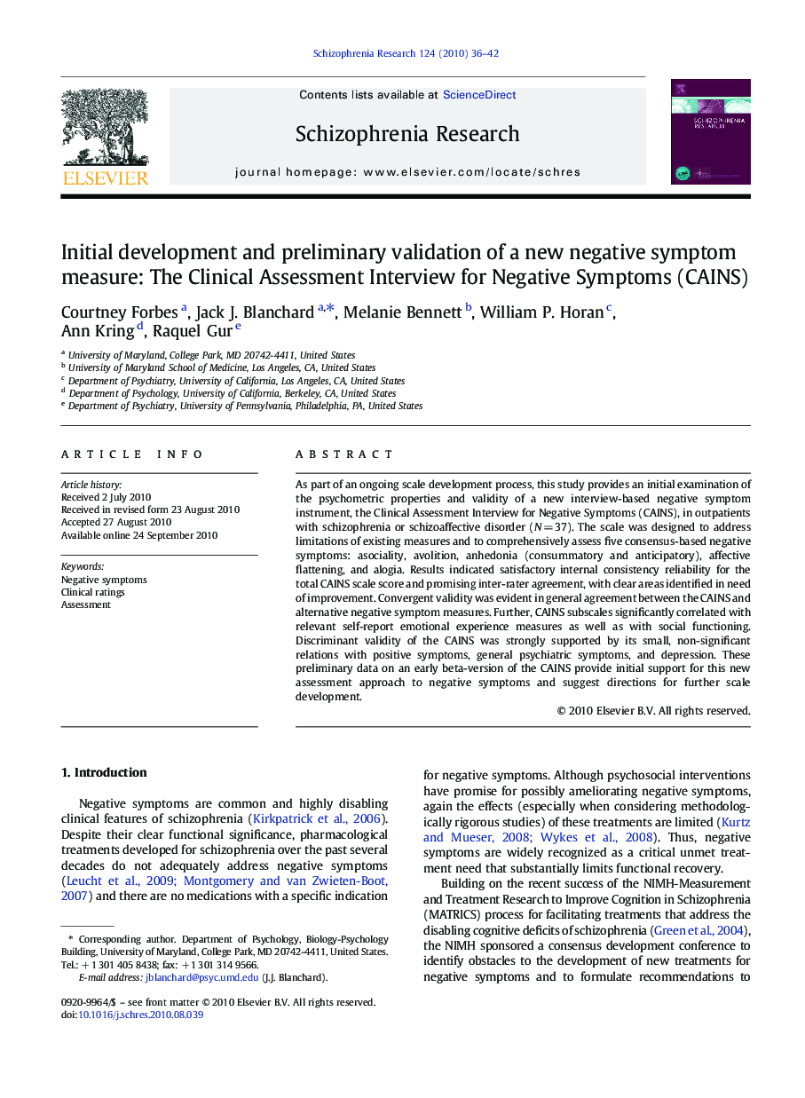 Initial development and preliminary validation of a new negative symptom measure: The Clinical Assessment Interview for Negative Symptoms (CAINS)