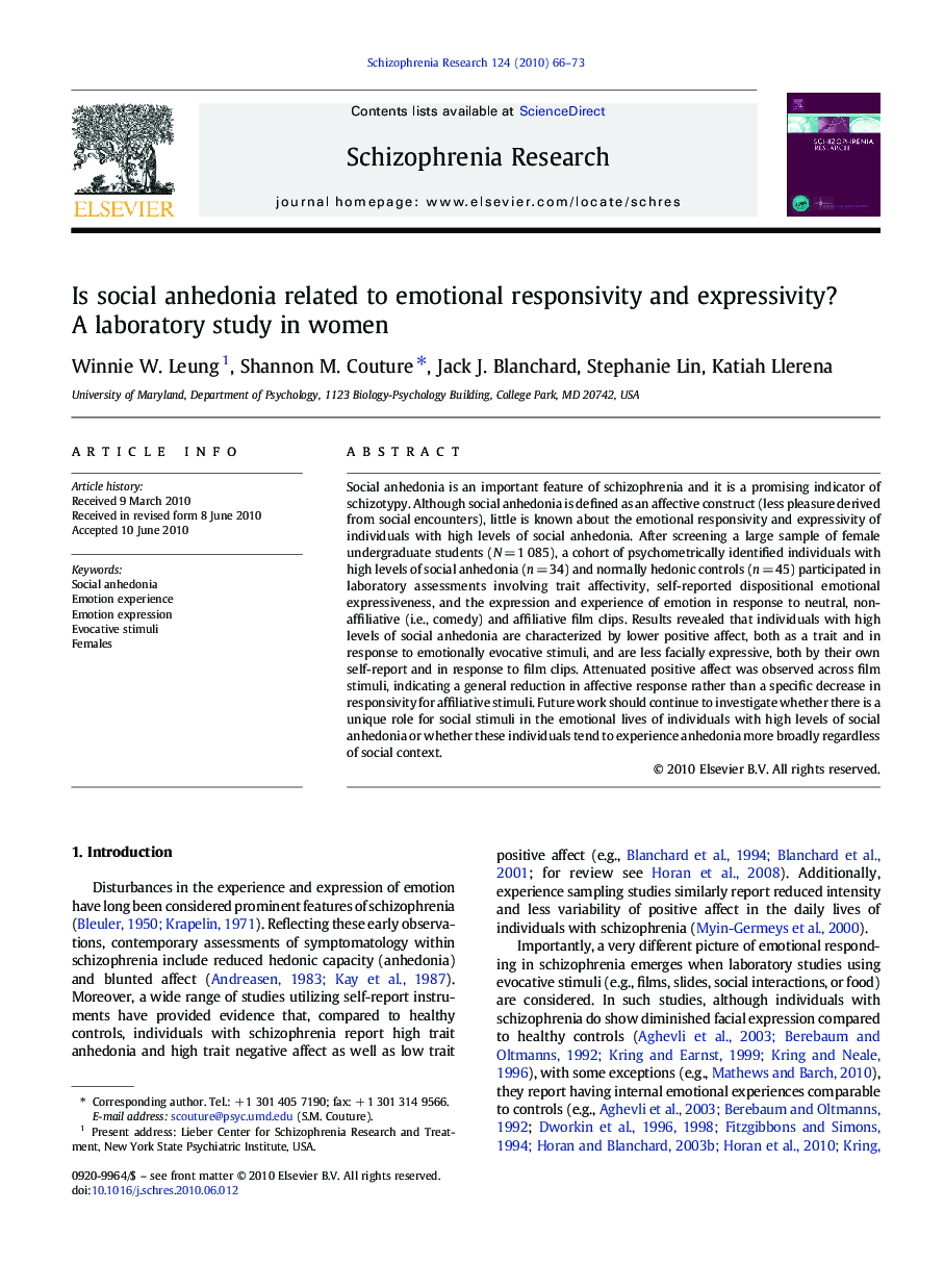 Is social anhedonia related to emotional responsivity and expressivity? A laboratory study in women