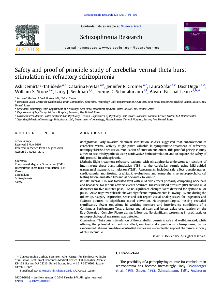Safety and proof of principle study of cerebellar vermal theta burst stimulation in refractory schizophrenia