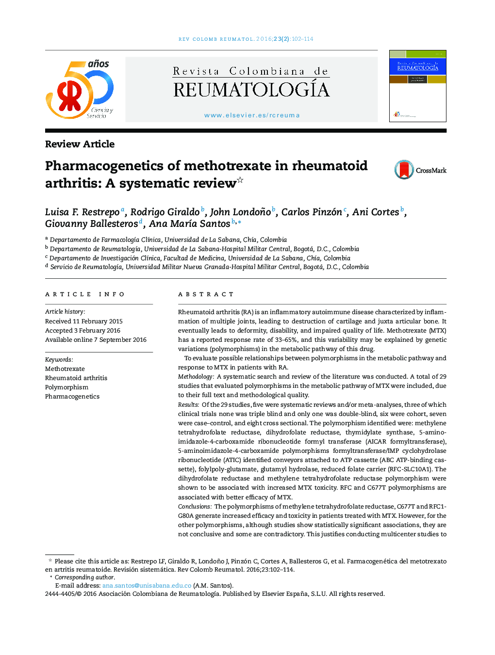 فارماکوگنتیک متوترکسات در آرتریت روماتوئید: یک بررسی سیستماتیک 