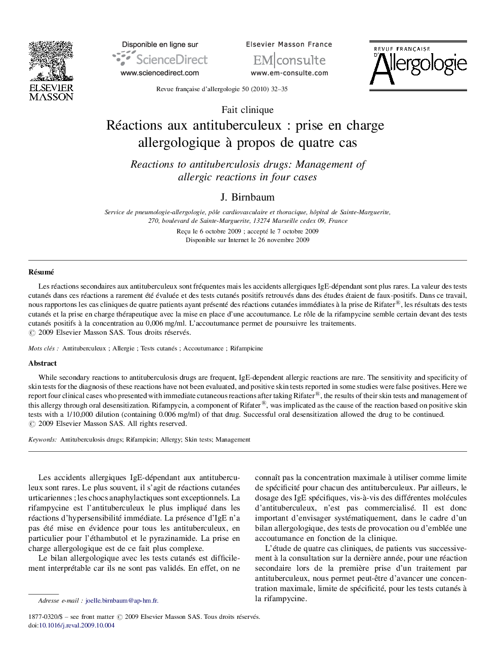 Réactions aux antituberculeux : prise en charge allergologique à propos de quatre cas