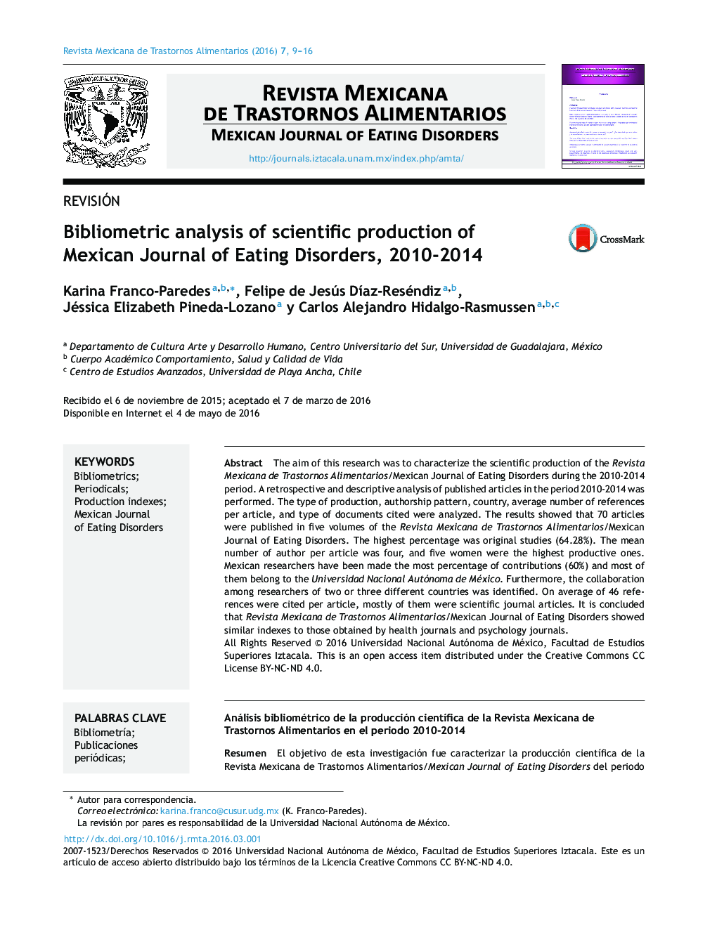 تجزیه و تحلیل کتاب سنجی تولید علمی مجله مکزیکی اختلالات خوردن، 2010-2014