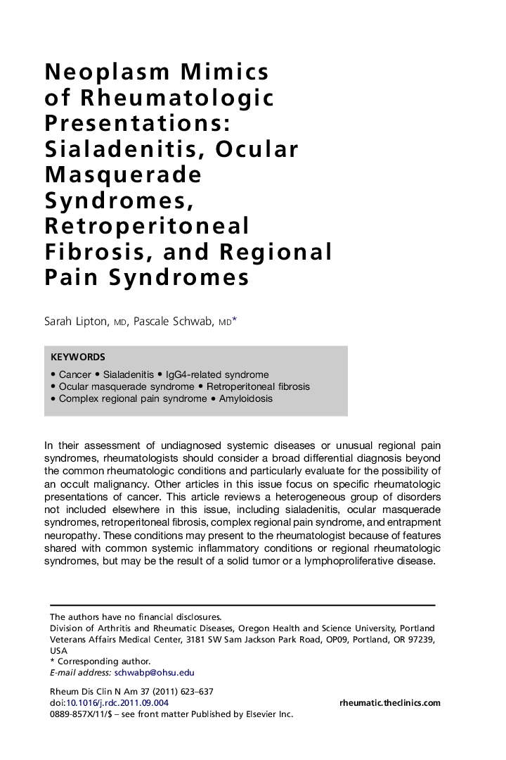 Neoplasm Mimics of Rheumatologic Presentations: Sialadenitis, Ocular Masquerade Syndromes, Retroperitoneal Fibrosis, and Regional Pain Syndromes