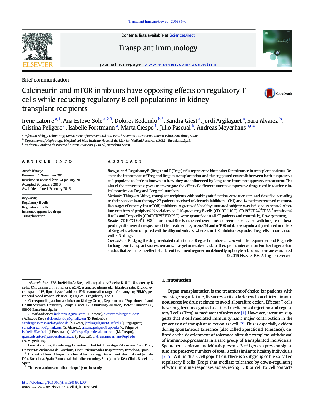 Calcineurin and mTOR inhibitors have opposing effects on regulatory T cells while reducing regulatory B cell populations in kidney transplant recipients