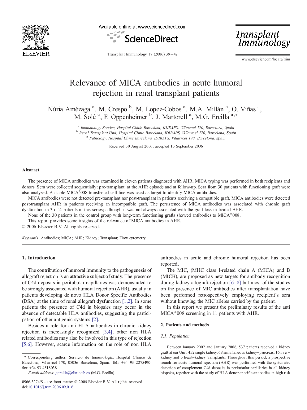 Relevance of MICA antibodies in acute humoral rejection in renal transplant patients