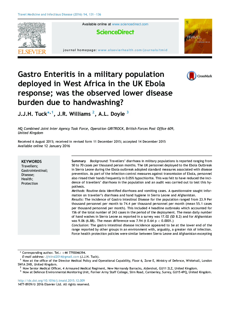 التهاب های گوارشی در یک جمعیت نظامی مستقر در غرب آفریقا در واکنش ابولا در بریتانیا؛ آیا بار مشاهده کمتر بیماری به علت شستن دست ها بود؟