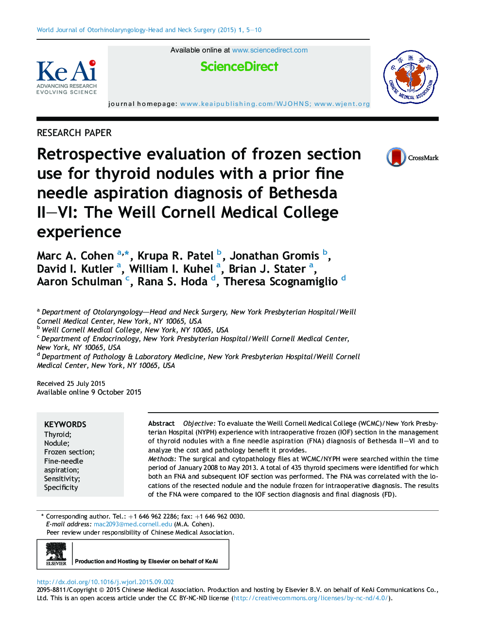 Retrospective evaluation of frozen section use for thyroid nodules with a prior fine needle aspiration diagnosis of Bethesda II–VI: The Weill Cornell Medical College experience 