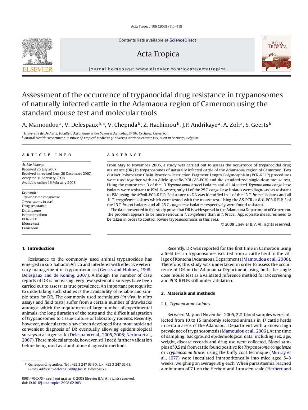 Assessment of the occurrence of trypanocidal drug resistance in trypanosomes of naturally infected cattle in the Adamaoua region of Cameroon using the standard mouse test and molecular tools