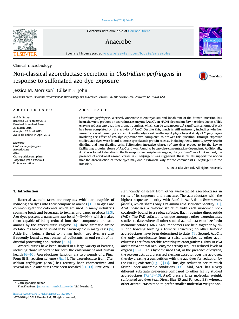 Non-classical azoreductase secretion in Clostridium perfringens in response to sulfonated azo dye exposure