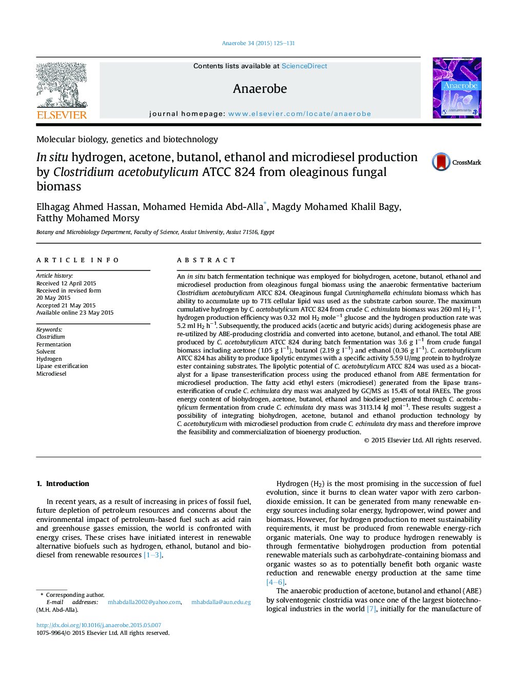 In situ hydrogen, acetone, butanol, ethanol and microdiesel production by Clostridium acetobutylicum ATCC 824 from oleaginous fungal biomass
